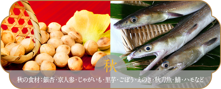 秋の食材：銀杏・京人参・じゃがいも・里芋・ごぼう・えのき・秋刀魚・鯖・ハモなど
